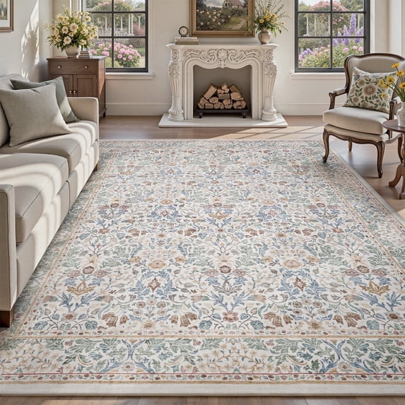 SIXHOME 5'x7' Floral Area Rug for Living Room, Washable Soft Non-Slip Traditional Carpet, Beige Botanical Rug for Bedroom Dining Room Home Decor