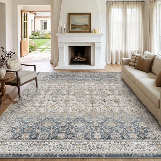SIXHOME 9'x12' Area Rugs for Living Room Washable Rugs Ombre Vintage Floral Living Room Rug Aesthetic Carpet Soft Large Rugs for Bedroom Dining Room Office Retro Home Decor Blue