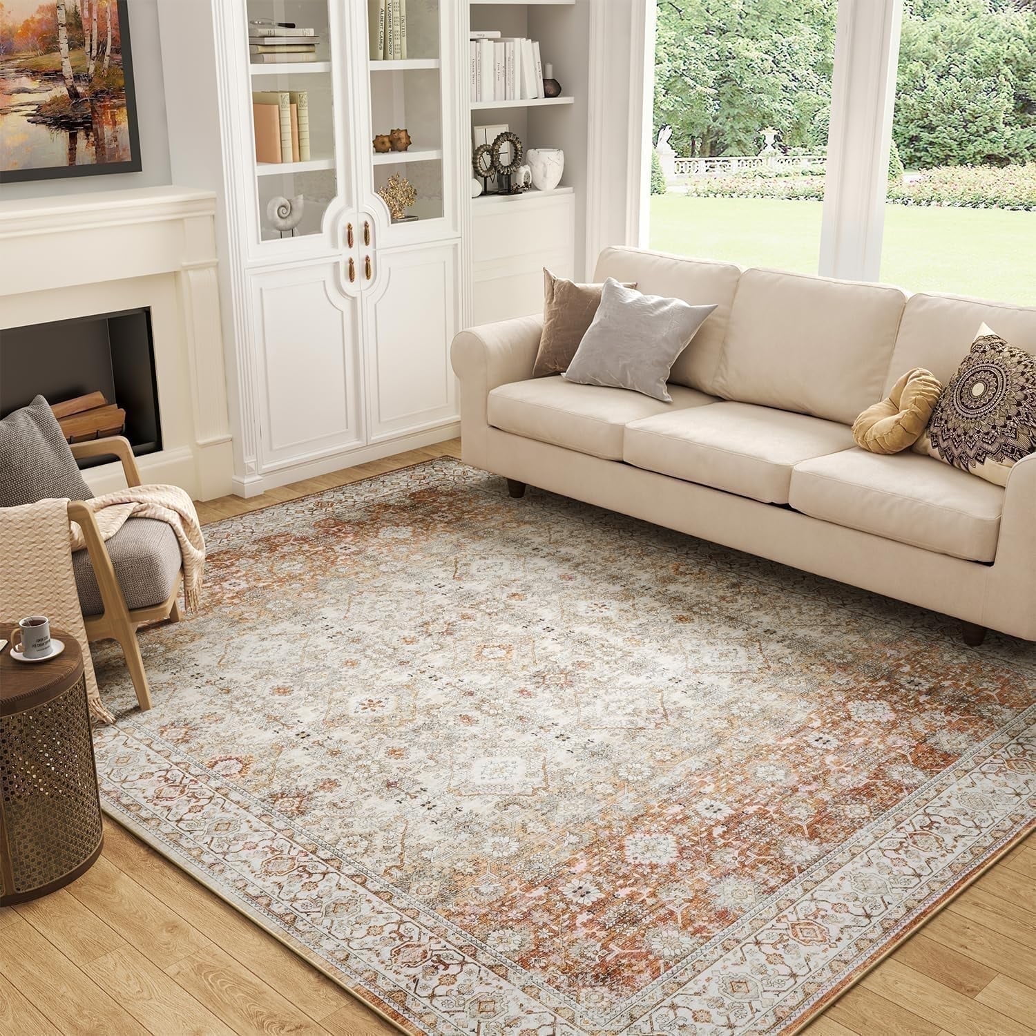 SIXHOME 4'x6' Area Rugs for Living Room Washable Rugs Ombre Vintage Floral Living Room Rug Aesthetic Carpet Soft Large Rugs for Bedroom Dining Room Office Retro Home Decor Tan and Orange