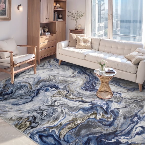 SIXHOME 6'x6' Area Rugs for Living Room Marble Swirl Abstract Rug Ultra Soft Washable Rugs for Bedroom Anti Slip Durable Carpet Home Decor for Dining Room Blue