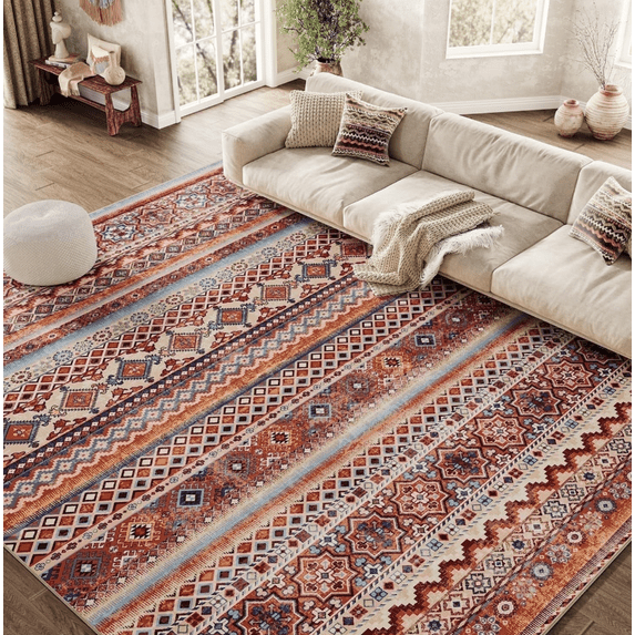 SIXHOME 5'x7' Area Rugs for Living Room Washable Rugs Vintage Boho Area Rug Soft Moroccan Geometric Indoor Rug for Bedroom Dining Room Office Foldable Nonslip Aztec Rug Colorful and Red
