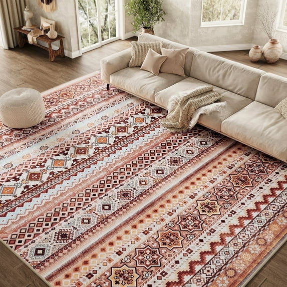 SIXHOME 5'x7' Area Rugs for Living Room Washable Rugs Vintage Boho Area Rug Soft Moroccan Geometric Indoor Rug for Bedroom Dining Room Office Foldable Nonslip Aztec Rug Orange
