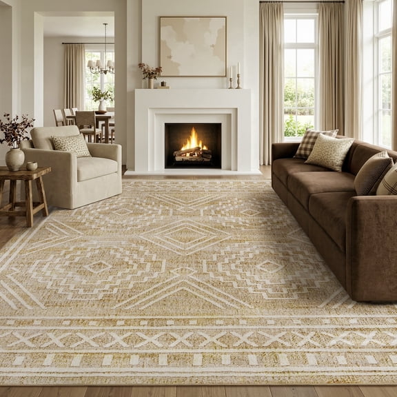 SIXHOME 5x7 Rugs for Living Room Washable Area Rug Non Slip Vintage Boho Tribal Farmhouse Carpet Low Pile Distressed Indoor Rug linen Beige