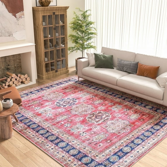 SIXHOME 5'x7' Area Rugs for Living Room Washable Rugs Vintage Floral Living Room Rugs Soft Indoor Carpet Rugs for Bedroom Dinning Room Office Playroom Nursery Retro Home Decor Red