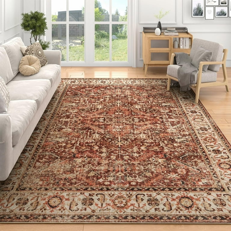 大人気！まとめ一覧 Whizmax Washable Area Rugs for Living Room Vintage Floral Rug Soft Non Shedding Throw Rugs Stain Resistant Carpet, 5'x7' Brick Red ラグ・カーペット