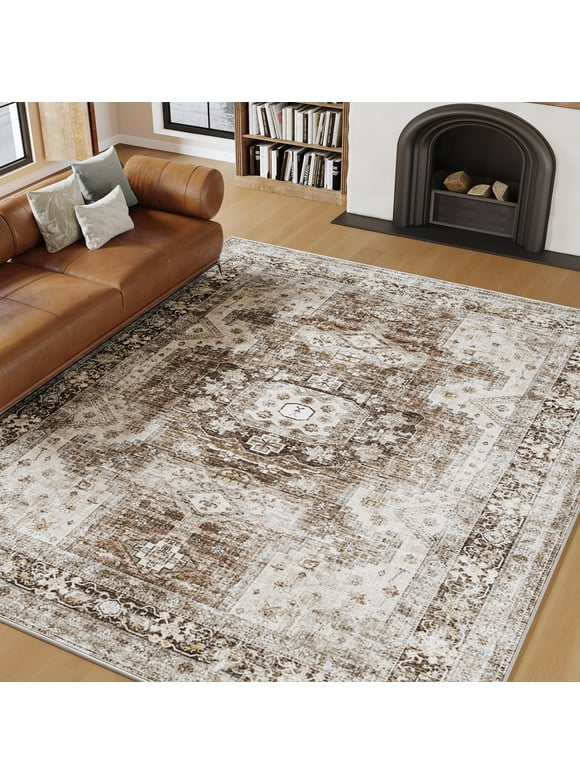 SIXHOME 5'x7' Area Rugs for Living Room Washable Rugs Vintage Tribal Living Room Rug Soft Distressed Indoor Carpet Retro Country Rug for Bedroom Playroom Dining Room Kitchen Foldable Nonslip Rug Brown