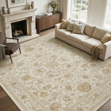 SIXHOME 5'x7' Area Rugs for Living Room Machine Washable Area Rugs Soft Non-Slip Retro Carpet Traditional Floral Rugs for Bedroom Dining Room Office Home Decor Cream/Beige
