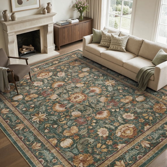 SIXHOME 5'x7' Area Rugs for Living Room Machine Washable Area Rugs Soft Non-Slip Retro Carpet Traditional Floral Rugs for Bedroom Dining Room Office Home Decor Green