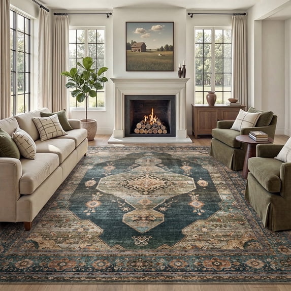 SIXHOME 5'x7' Area Rugs for Living Room Vintage Distressed Area Rugs for Bedroom Office Dining Room Machine Washable Indoor Rugs Green