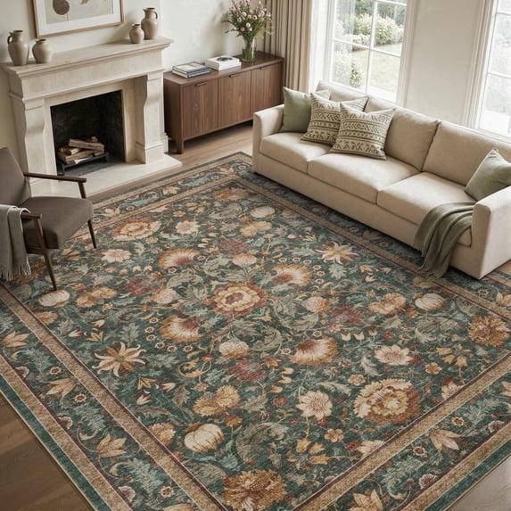 SIXHOME 5'x7' Area Rugs for Living Room Machine Washable Area Rugs Soft Non-Slip Retro Carpet Traditional Floral Rugs for Bedroom Dining Room Office Home Decor Olive Green