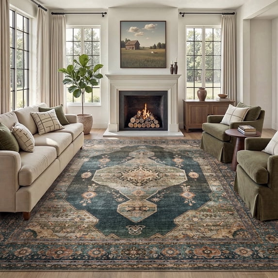 SIXHOME 5'x7' Area Rugs for Living Room Vintage Distressed Area Rugs for Bedroom Office Dining Room Machine Washable Indoor Rugs Green
