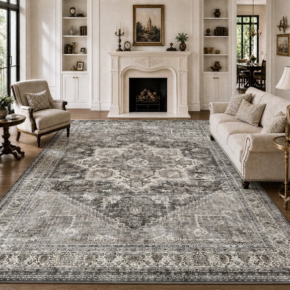 SIXHOME 5'x7' Eastern Classic Area Rug Washable Distressed Carpet Vintage Medallion Rugs for Living Room Bedroom Kitchen Dining Room Retro Neutral Home Decor Gray