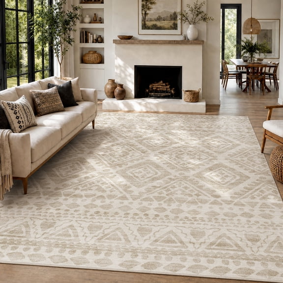 SIXHOME 5'x8' Area Rug for Living Room, Washable Vintage Geometric Carpet, Soft Low Pile Non Slip Large Area Rug for Bedroom Dining Room Home Office Indoor Farmhouse Boho Decor Beige