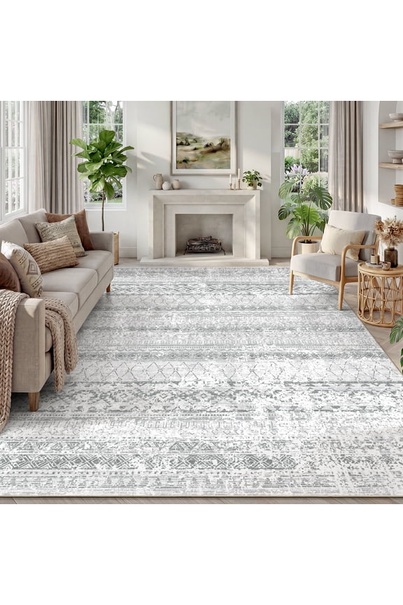 5'x8' Area Rugs for Living Room Washable Rugs Boho Geometric Living Room Rug Moroccan Neutral Carpet Non Slip Soft Distressed Rugs for Bedroom Dining Room Office Modern Home Decor Gray