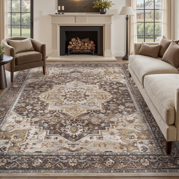 SIXHOME 5'x7' Eastern Classic Area Rug Washable Distressed Carpet Vintage Medallion Rugs for Living Room Bedroom Kitchen Dining Room Retro Neutral Home Decor Brown