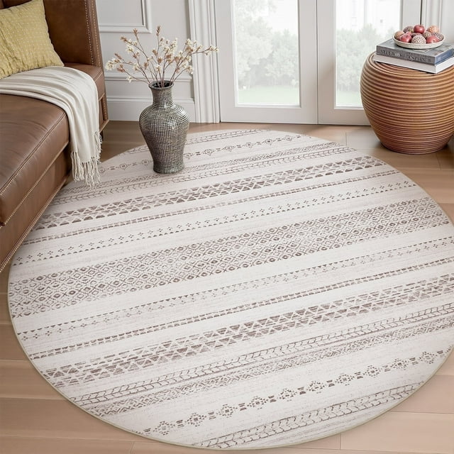 SIXHOME 6ft Round Rugs for Living Room Machine Washable Neutral Geometric Moroccan Carpet Soft Distressed Indoor Rugs for Bedroom Dining Room Office Bohemian Home Decor Brown