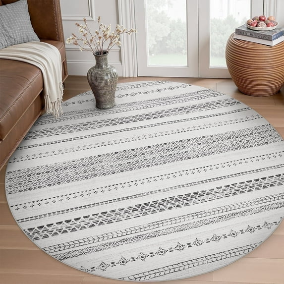 SIXHOME 6ft Round Rugs for Living Room Machine Washable Neutral Geometric Moroccan Carpet Soft Distressed Indoor Rugs for Bedroom Dining Room Office Bohemian Home Decor Black