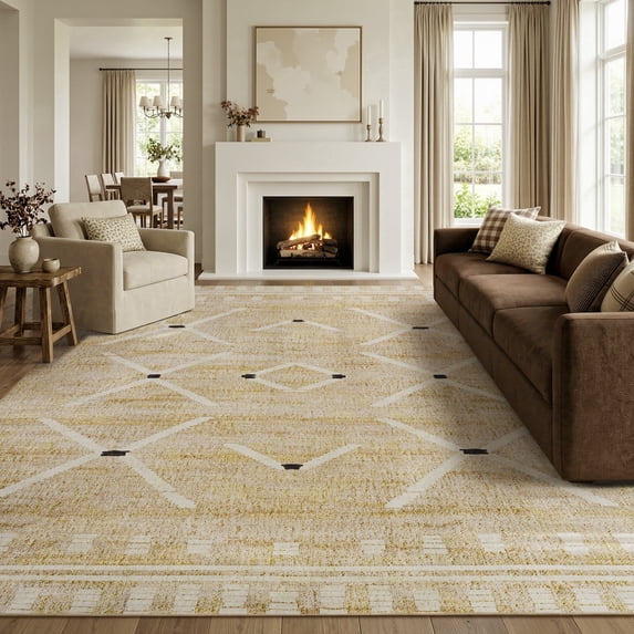 SIXHOME 6x9 Rugs for Living Room Washable Area Rug Non Slip Vintage Boho Geometric Tribal Farmhouse Carpet Low Pile Indoor Rug linen Beige