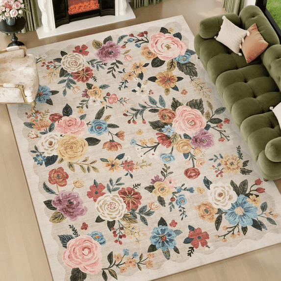 SIXHOME 6'x9' Area Rug Floral Washable Rugs for Living Room Bedroom Dining Room Soft Vintage Flower Non Slip Carpet Indoor Throw Rugs Beige