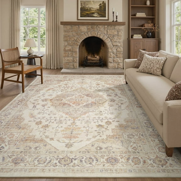 FEELHOME 6'x9' Area Rug Washable Carpet Soft Distressed Non Slip Vintage Rugs for Living Room Bedroom Kitchen Taupe