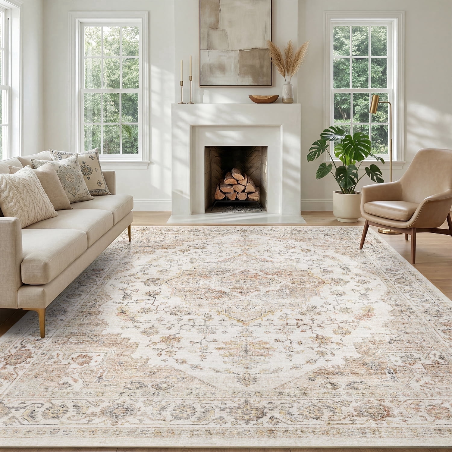 FEELHOME 6'x9' Area Rug Machine Washable Soft Vintage Distressed Non Slip Carpet for Living Room Bedroom Dining Room Taupe