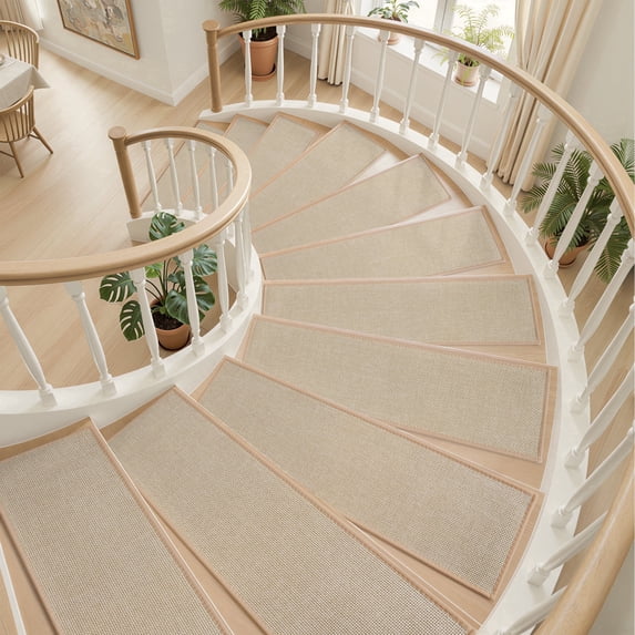 SIXHOME Non Slip Stair Treads for Wooden Steps 15 Pack 8"x30" Natural Woven Stair Rugs Carpet Stair Tread Rubber Backing Washable Polyester Stair Mats Set Indoor Beige