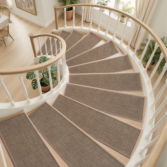 SIXHOME Non Slip Stair Treads for Wooden Steps 15 Pack 8"x30" Natural Woven Stair Rugs Carpet Stair Tread Rubber Backing Washable Polyester Stair Mats Set Indoor Tan