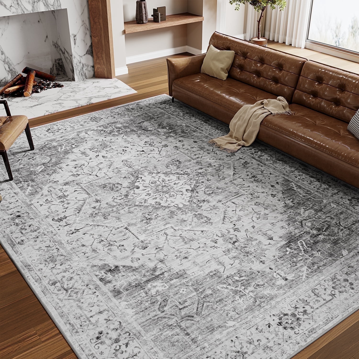 SIXHOME 6'x9' Area Rug Washable Retro Living Room Bedroom Kitchen Carpet Soft Medallion Distressed Indoor Rug Vintage Gray