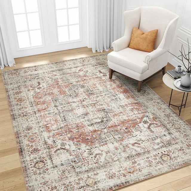 SIXHOME 6'x9' Area Rugs for Living Room Washable Rug Vintage Medallion Living Room Rug Distressed Soft Carpet Large Area Rugs for Bedroom Dinning Room Office Indoor Retro Home Decor Orange