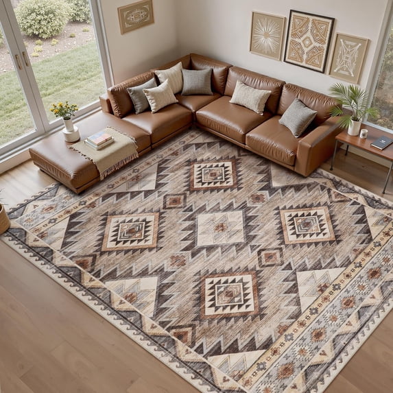 SIXHOME 10'x14' Area Rugs for Living Room Washable Rugs Vintage Boho Area Rug Soft Moroccan Geometric Indoor Rug for Bedroom Dining Room Office Foldable Nonslip Aztec Rug Brown