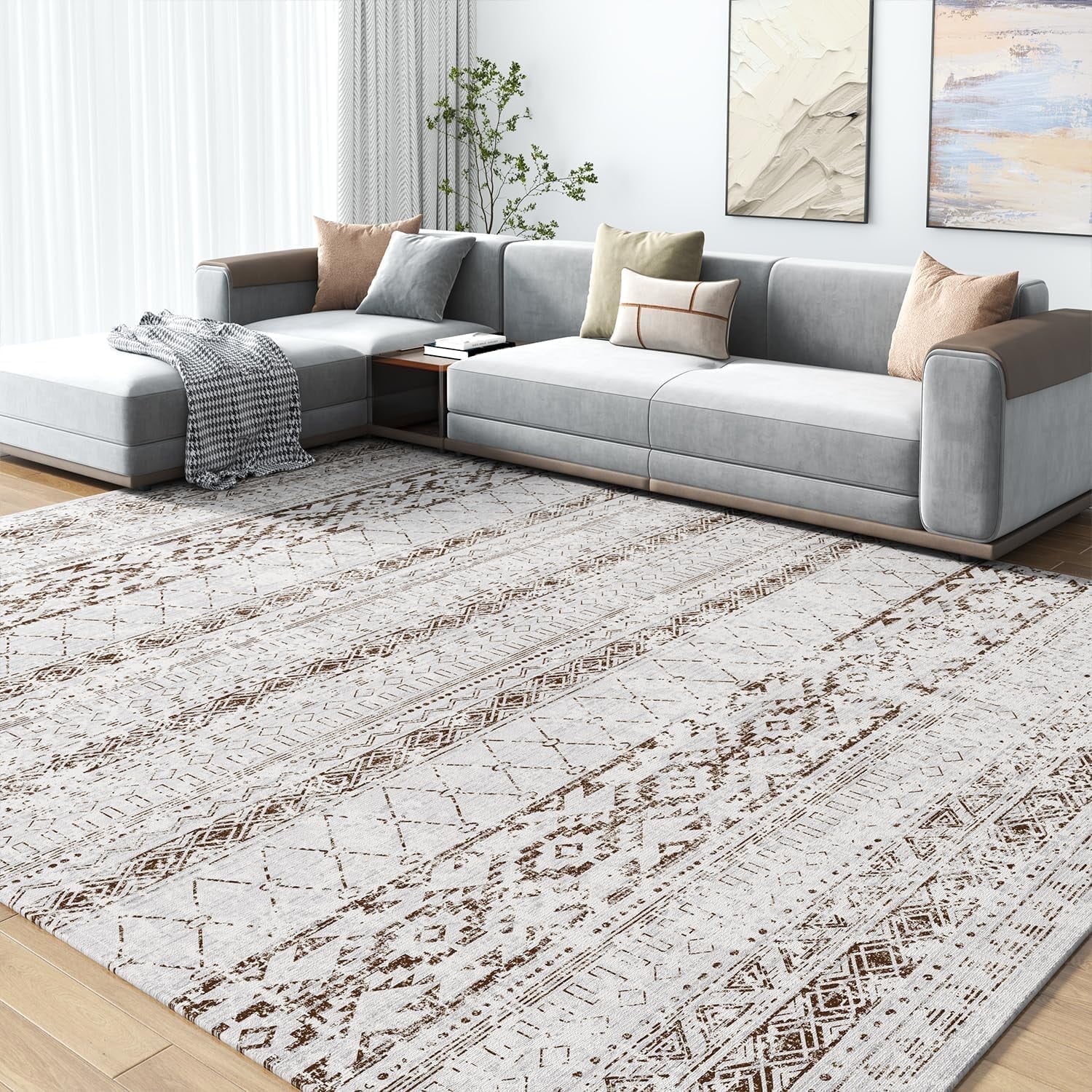 6' x 9' Cream and Brown Moroccan Chenille Area Rug