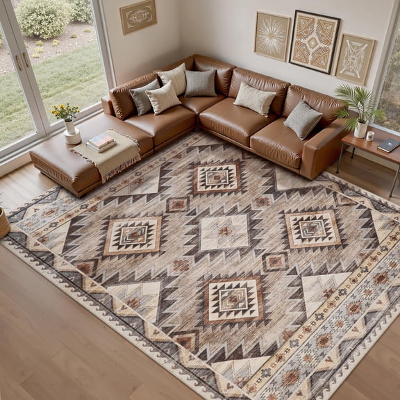 SIXHOME 10'x14' Area Rugs for Living Room Washable Rugs Vintage Boho Area Rug Soft Moroccan Geometric Indoor Rug for Bedroom Dining Room Office Foldable Nonslip Aztec Rug Brown