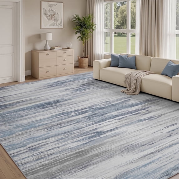 SIXHOME 6 ft x 9 ft Blue modern abstract area rug for living room, velvet silk washable carpet