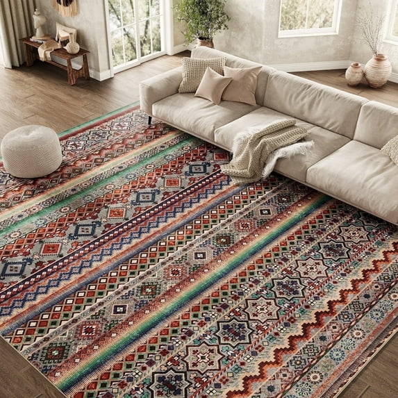 SIXHOME 6'x9' Area Rugs for Living Room Washable Rugs Vintage Boho Area Rug Soft Moroccan Geometric Indoor Rug for Bedroom Dining Room Office Foldable Nonslip Aztec Rug Colorful and Green