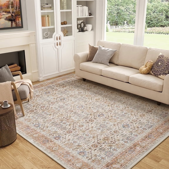 SIXHOME 6'x9' Area Rugs for Living Room Washable Rugs Vintage Floral Living Room Rug Traditional Aesthetic Carpet Soft Large Rugs for Bedroom Dining Room Office Retro Home Decor Orange