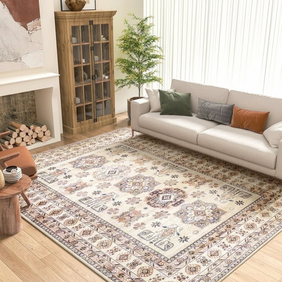 SIXHOME 6'x9' Area Rugs for Living Room Washable Rugs Vintage Floral Living Room Rugs Soft Indoor Carpet Rugs for Bedroom Dinning Room Office Retro Home Decor Beige