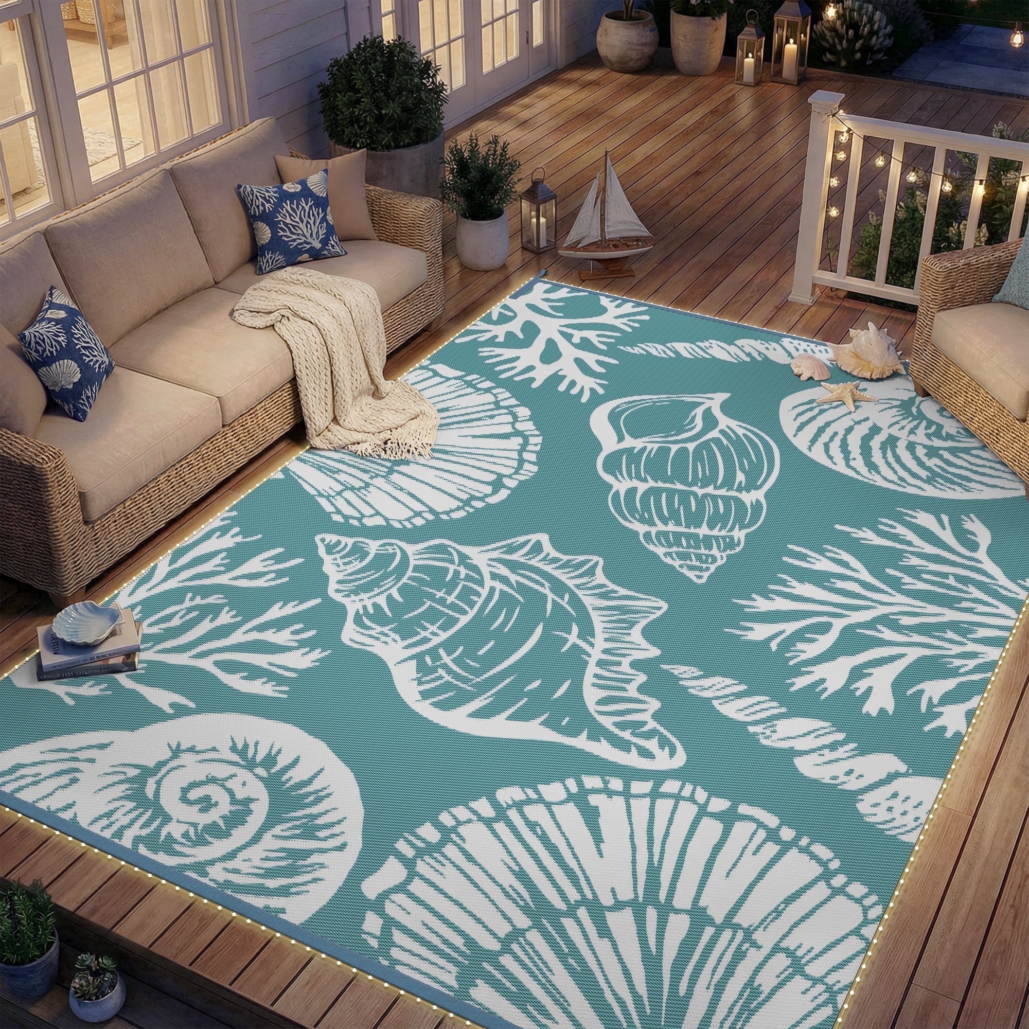 SIXHOME 8'x10' Waterproof Reversible Outdoor Rug with LED Strip Lights, Coastal Ocean-Inspired Patio Rug, Lightweight Woven Plastic Carpet for RV, Camping, Deck & Balcony, Teal