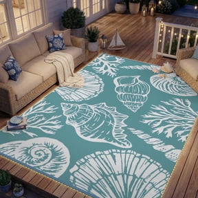 SIXHOME 8'x10' Waterproof Reversible Outdoor Rug with LED Strip Lights, Coastal Ocean-Inspired Patio Rug, Lightweight Woven Plastic Carpet for RV, Camping, Deck & Balcony, Teal