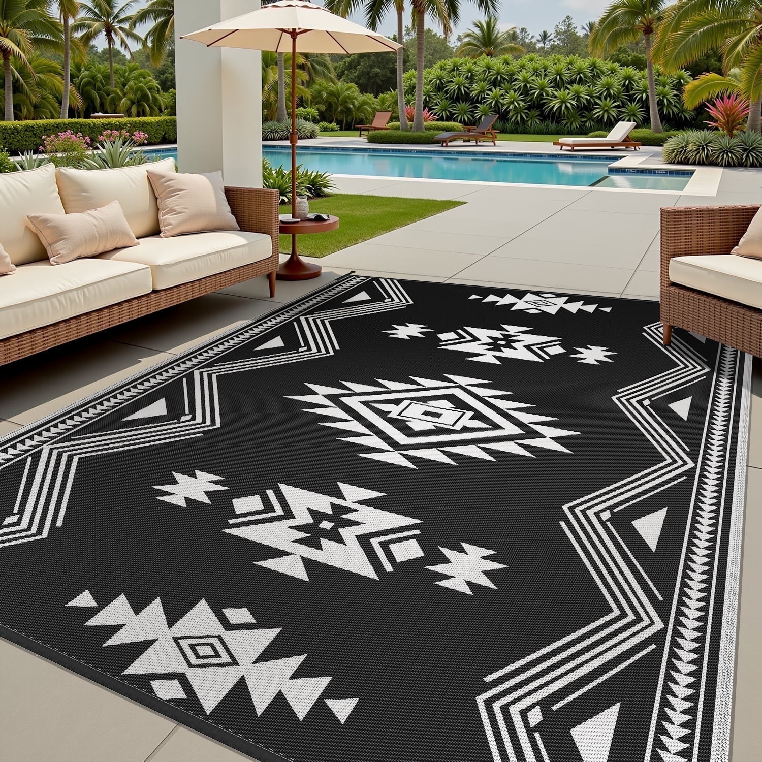 Walmart Saving of  SIXHOME 6x9 Feet Waterproof Outdoor Rug - Reversible Black & White Plastic Patio Mat, Non-Slip Durable Moroccan Geometric Design for Camping, RV, Balcony, Porch, Picnic
