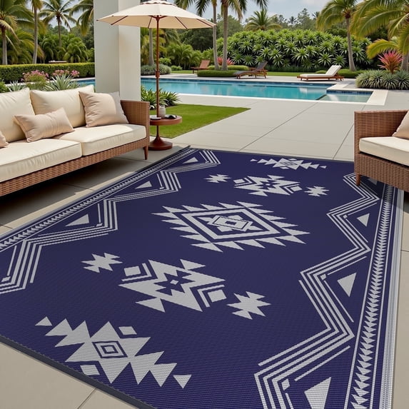 SIXHOME 6x9 Feet Waterproof Outdoor Rug - Reversible Blue & Gray Plastic Patio Mat, Non-Slip Durable Moroccan Geometric Design for Camping, RV, Balcony, Porch, Picnic
