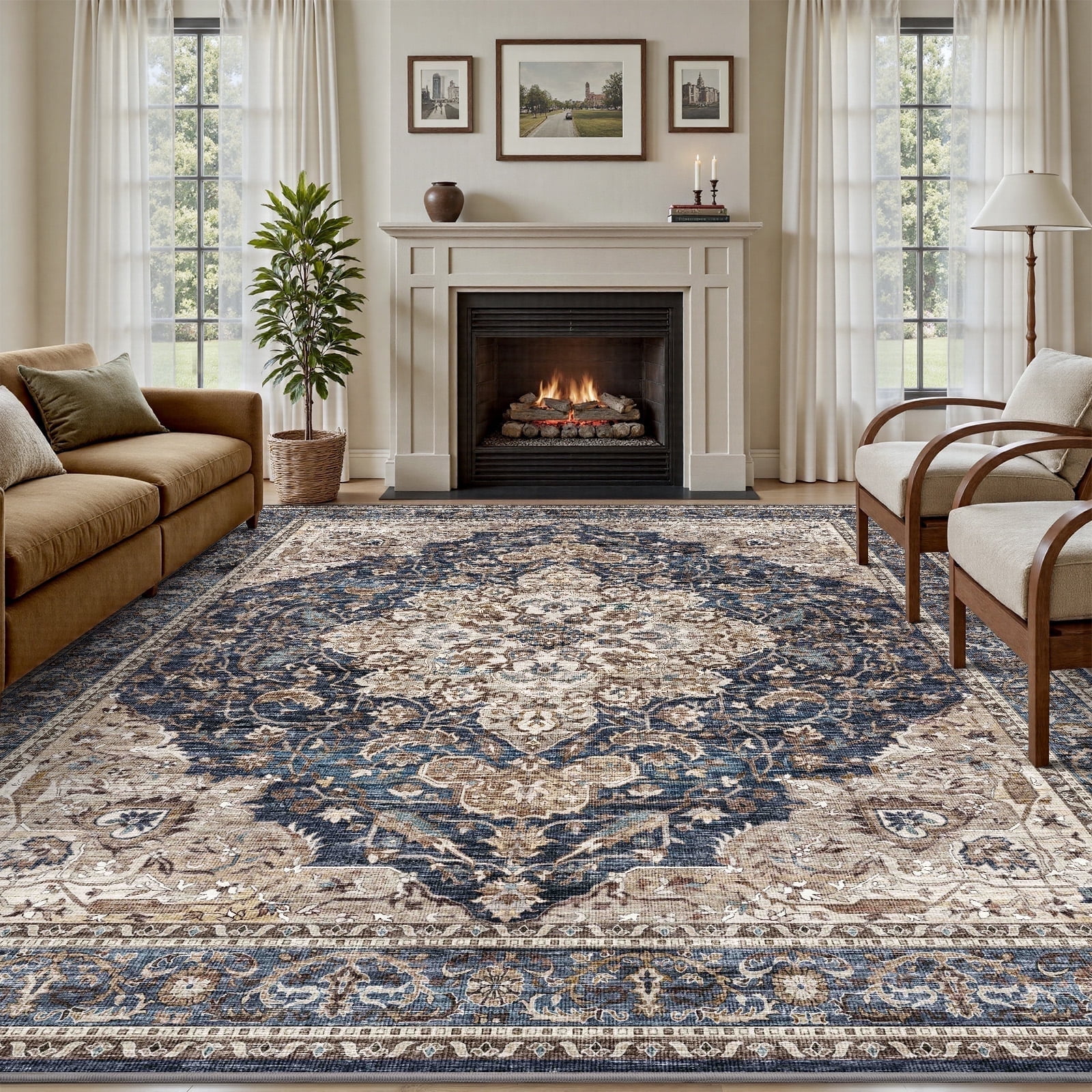 SIXHOME 8'x10' Area Rugs for Living Room Washable Vintage Medallion Rug Oriental Floral Distressed Carpet Ultra Soft Indoor Rugs for Bedroom Dining Room Retro Home Decor Navy Blue