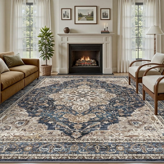 SIXHOME 8'x10' Area Rugs for Living Room Washable Vintage Medallion Rug Oriental Floral Distressed Carpet Ultra Soft Indoor Rugs for Bedroom Dining Room Retro Home Decor Navy Blue