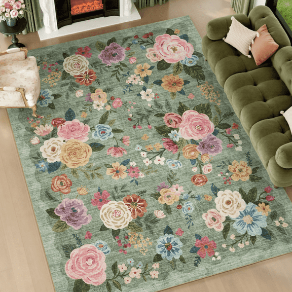 SIXHOME 8'x10' Rugs for Living Room Floral Washable Area Rugs Bedroom Dining Room Soft Vintage Flower Non Slip Farmhouse Carpet Indoor Rug Green