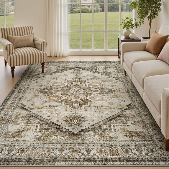 SIXHOME 8'x10' Area Rug Washable Retro Living Room Bedroom Carpet Soft Floral Distressed Indoor Rug Beige