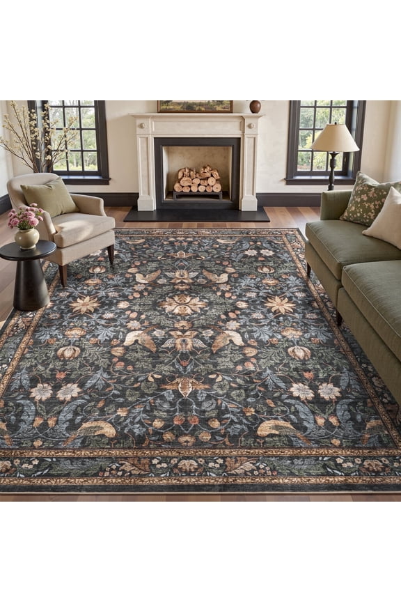 8'x10' Rugs for Living Room Botanical Washable Rugs Boho Floral Birds Carpet Ultra Soft Nature Plants Modern Indoor Rugs for Bedroom Dining Room Office Vintage Home Decor Dark Green