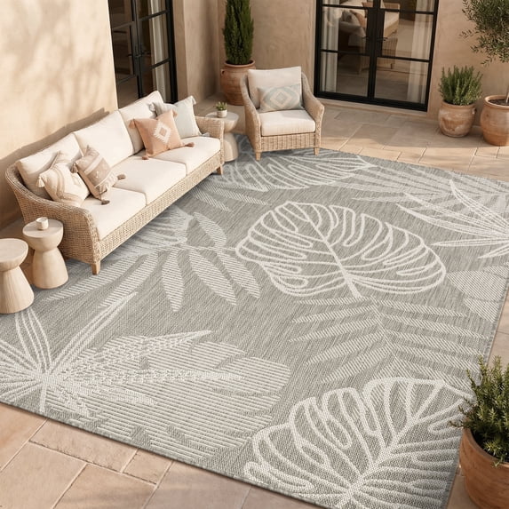 SIXHOME Outdoor Rugs 8'x10' Patio Rug Tropical Indoor Outdoor Rugs Polypropylene Washable Non Shedding, Easy Clean, Waterproof, Durable Outdoor Carpet for Porch Balcony Deck Neutral Gray