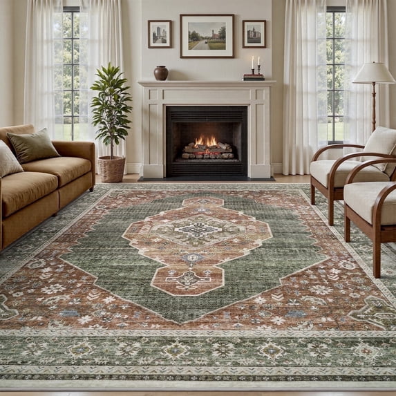 SIXHOME 8'x10' Area Rug Washable Retro Living Room Bedroom Carpet Soft Floral Distressed Indoor Rug Sage Green