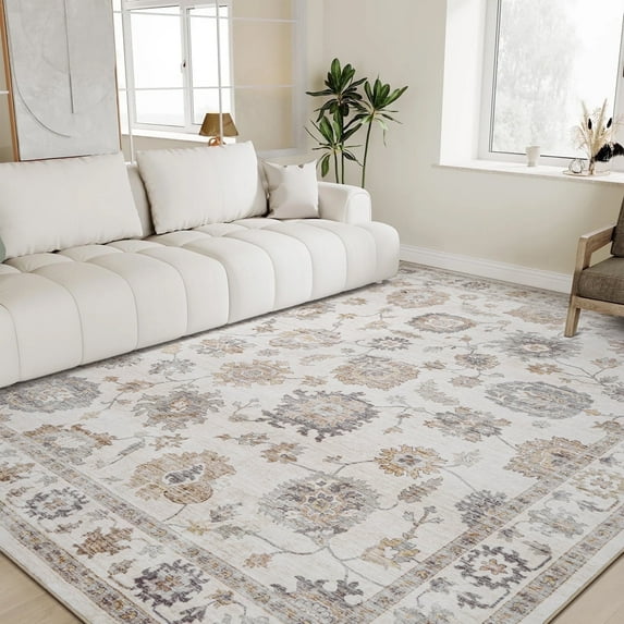SIXHOME 8 ft x 10 ft Washable Retro Living Room Bedroom Carpet Soft Floral Distressed Indoor Rug Vintage Beige