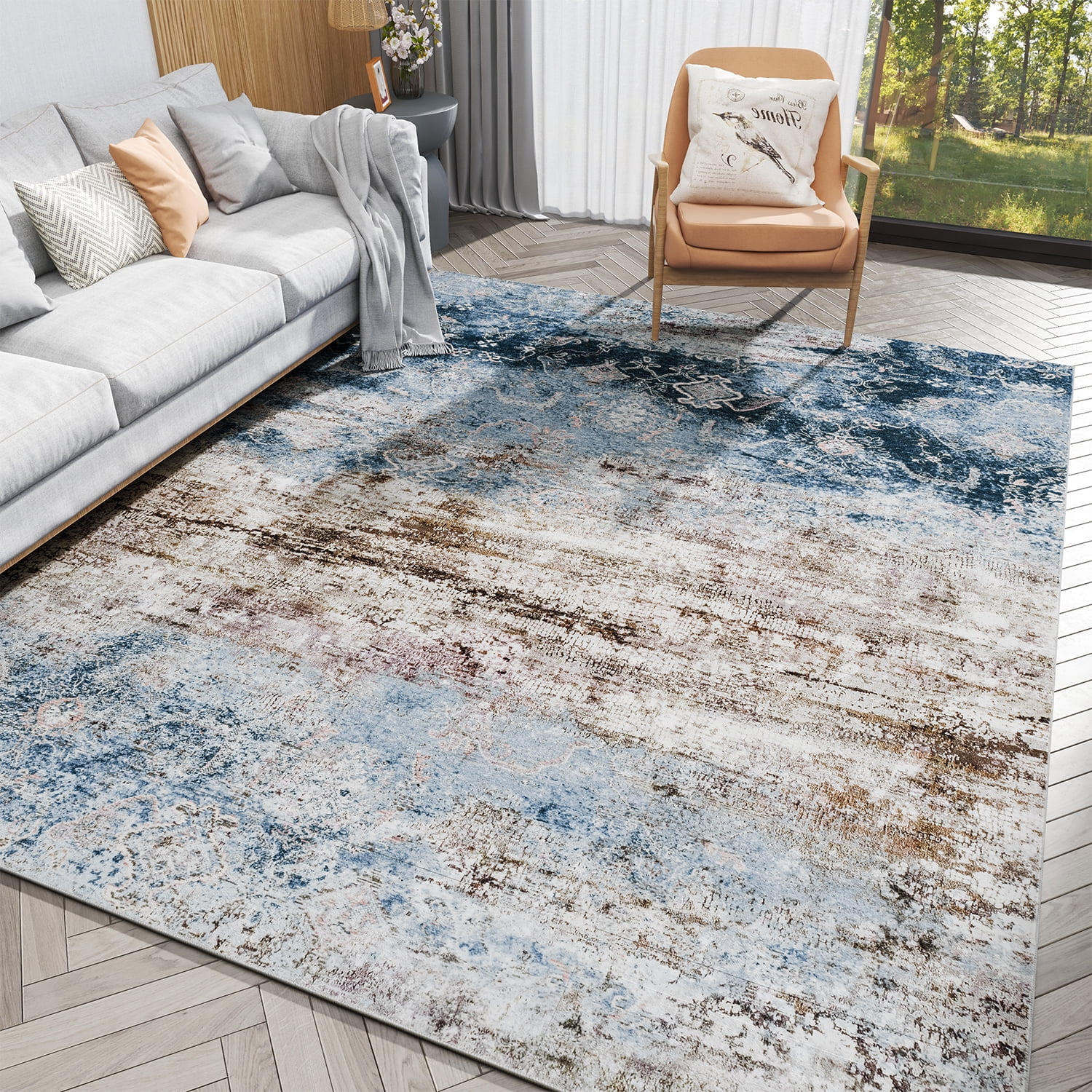 PureCozy Grey Area Rug 5x7 Indoor Vintage Living Room Carpet Washable  Distressed Rug Gray Floral Bedroom Rug Retro Accent Throw Rug for Office  Dining