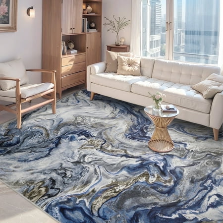 SIXHOME 8'x10' Area Rugs for Living Room Marble Swirl Abstract Rug Ultra Soft Washable Rugs for Bedroom Anti Slip Durable Carpet Home Decor for Dining Room Blue